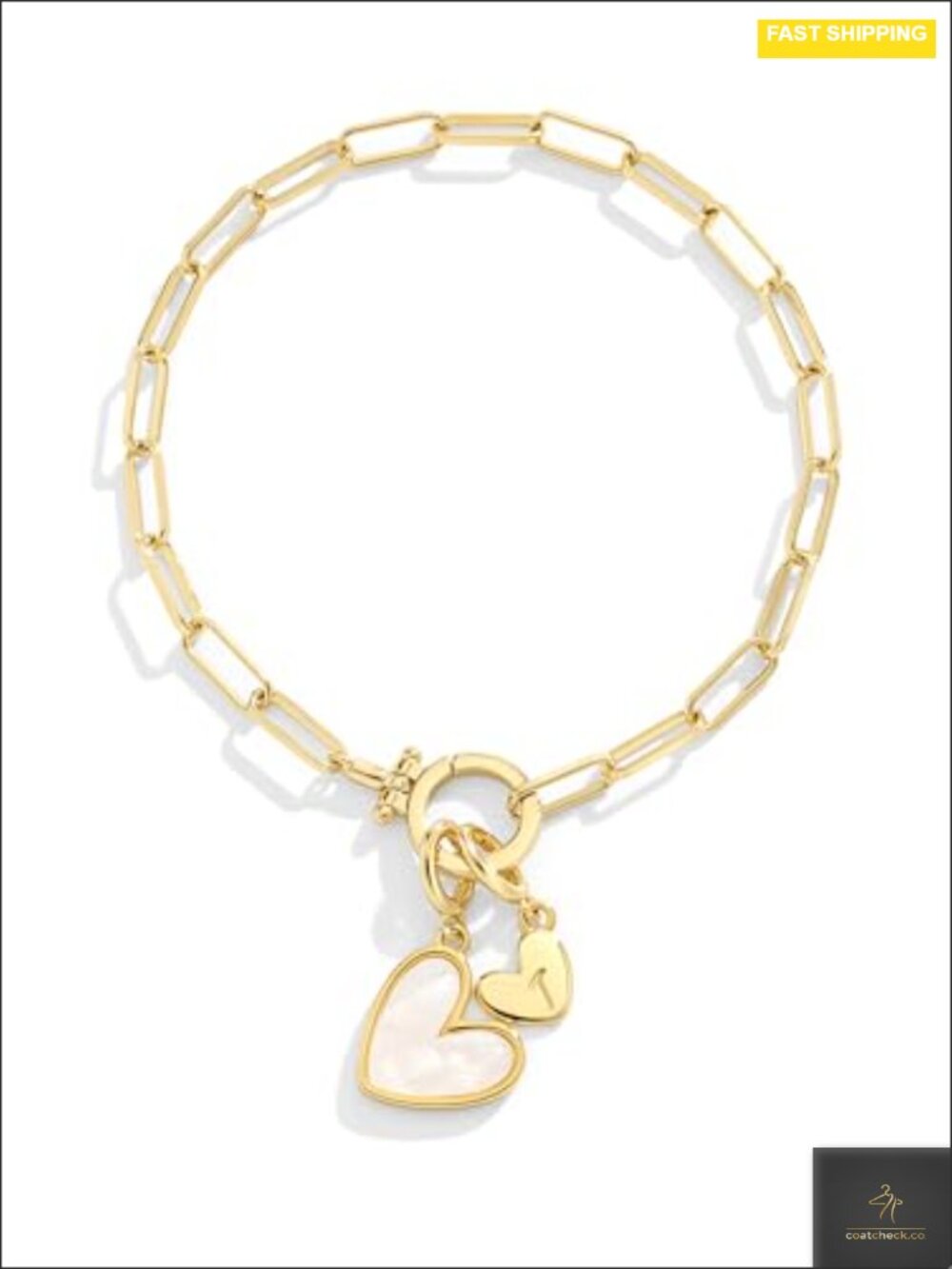 Mother of Pearl Initial Heart Charm Bracelet, 18K Gold Plated, Stretch Fit